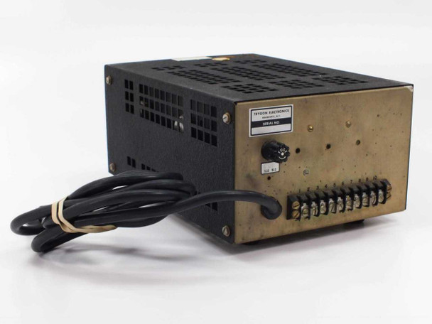 Trygon Electronics HR40-750 DC power supply – rear-left three-quarter view showing rear terminal strip, fuse holder, and AC power cord