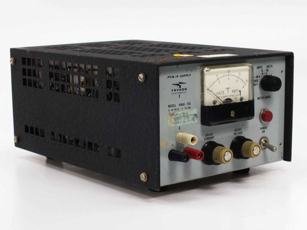 Trygon Electronics HR40-750 DC power supply – front-left three-quarter view showing analog meter, front panel controls, and binding post outputs