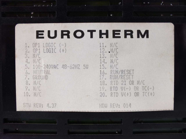 Eurotherm 808 wiring label – showing terminal assignments including 100-240VAC 48-62Hz 5W power, OP1 logic outputs, RTD and TC inputs, STW REV 4.37 HDW REV 014