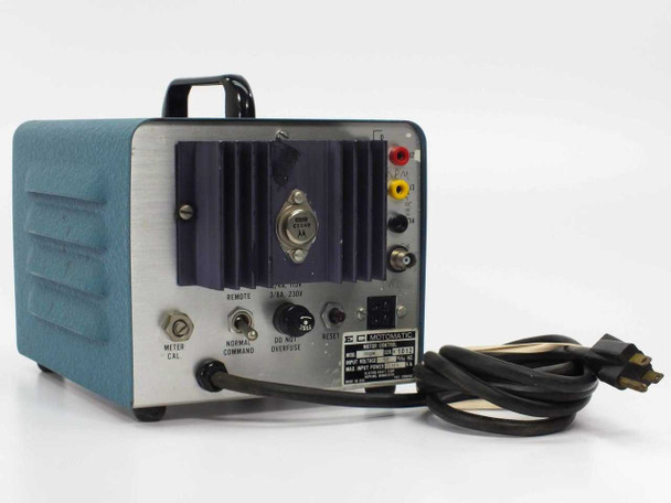 Electro-Craft Motomatic E550M — rear panel showing heat sink, power transistor, remote connector, meter cal, normal/command, do-not-overfuse controls, and attached power cord