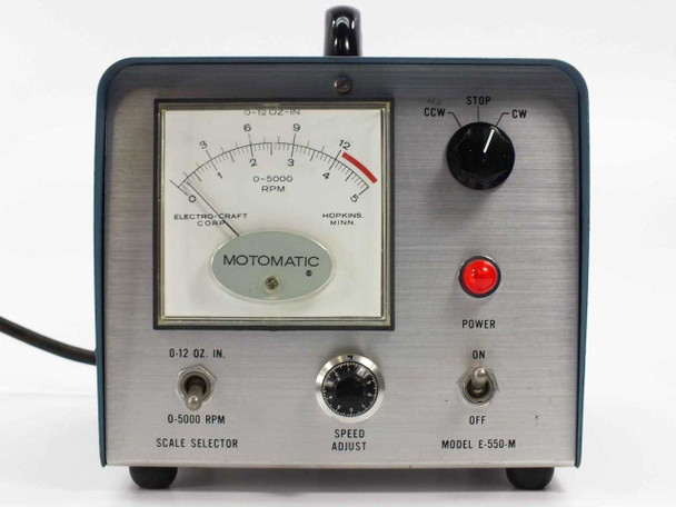 Electro-Craft Motomatic E550M — front panel closeup showing dual-scale analog meter (0–5000 RPM / 0–12 oz-in), Motomatic logo, CCW/Stop/CW direction switch, red power indicator, and ON/OFF toggle