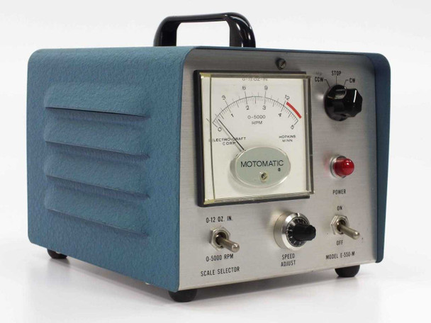 Electro-Craft Motomatic E550M motor speed controller — front panel view showing analog RPM/torque meter, scale selector, speed adjust knob, and power switch