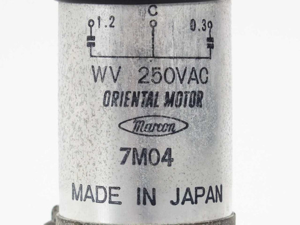 Marcon 7M04 Oriental Motor label close-up showing WV 250VAC rating and Made in Japan markings
