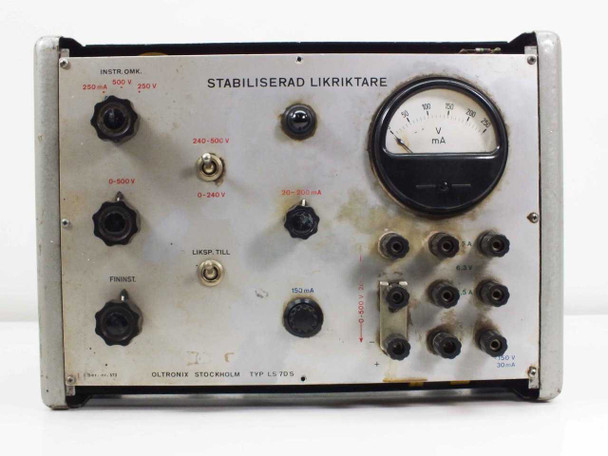 Oltronix LS 7DS — full front panel view showing INSTR.OMK. controls, 240-500V / 0-240V toggle, 0-500V knob, and banana-jack output bank