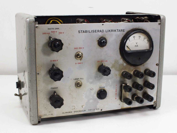 Oltronix LS 7DS Stabiliserad Likriktare stabilized rectifier — front panel view showing analog V/mA meter, voltage range switches, and output terminals