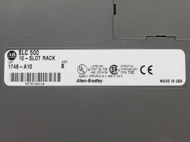 Allen-Bradley 1746-A10 SLC 500 rack label showing Cat No, Series B, UL listing, HAZ LOC rating, and Made in USA