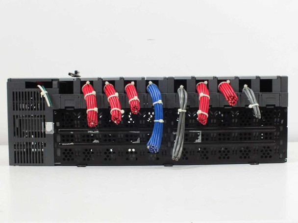 Allen-Bradley 1746-A10 SLC 500 rack bottom view showing bundled red, blue, and gray field wiring harnesses exiting each module