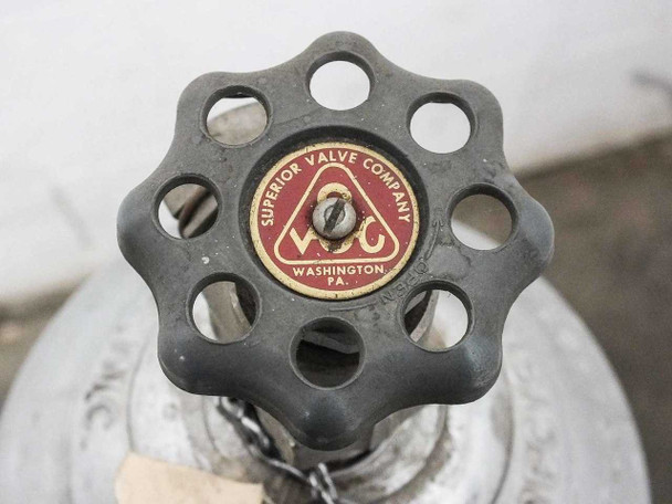 Close-up of Superior Valve Company handwheel valve label — Washington, PA — on diborane argon gas cylinder