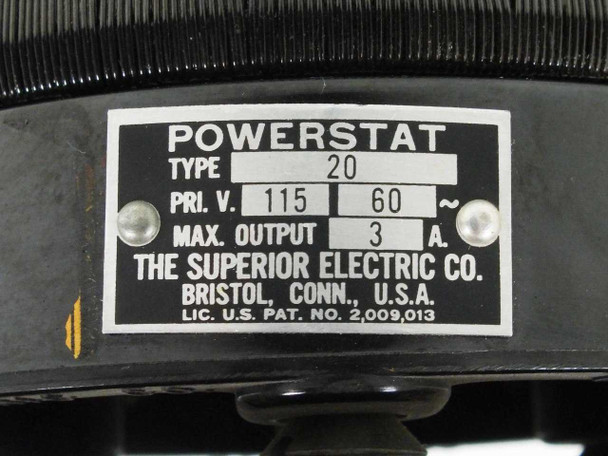 Superior Electric Powerstat Type 20 nameplate closeup – 115V primary, 3A max output, Bristol Conn USA