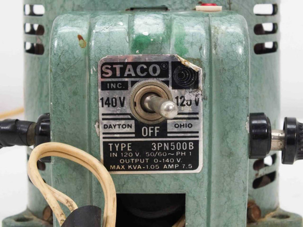 Staco 3PN500B rating plate close-up: Type 3PN500B, Input 120V 50/60Hz PH1, Output 0-140V, Max KVA 1.05, Amp 7.5 — Dayton Ohio