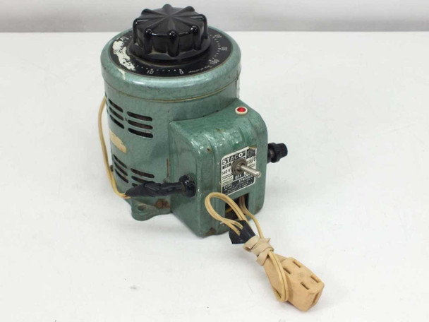 Staco 3PN500B Adjust-A-Volt variable autotransformer front-left view showing green cast housing, rotary dial, and AC line cord