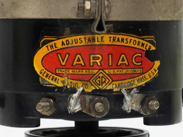 General Radio Type 200B Variac — close-up of original label reading 'The Adjustable Transformer VARIAC, General Radio Co., Cambridge, Mass., U.S.A.' with visible terminal hardware