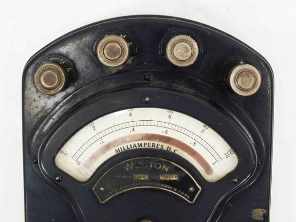 Weston Model 260 DC milliamperes meter – angled front view showing four binding post terminals labeled M, A and dual-scale dial