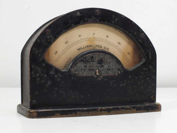 Western Union Tel Co Model 264 DC Milliammeter front view showing arched black case and curved Milliamperes D.C. dial face with aged patina