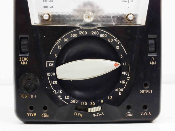 Triplett 631 VTVM-VOM — close-up of front panel showing large rotary range selector knob with DC/AC/ohms positions, ZERO ADJ and Ω ADJ controls, TEST B+ jack, and input terminals (VTVM, COM, V-Ω-A)