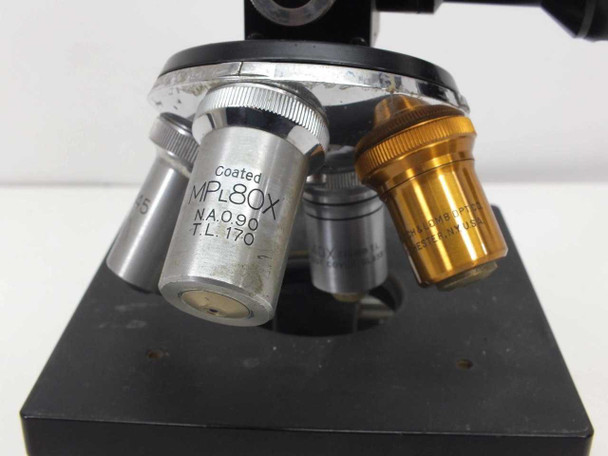 Close-up of 4-position rotating nosepiece with Unitron Coated MPL80X (NA 0.90, T.L. 170) silver objective and gold-banded Bausch & Lomb 40X objective