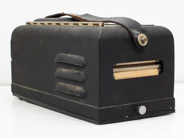 Brush Development BL-202 oscillograph – left-side view showing chart output slot and carry strap detail