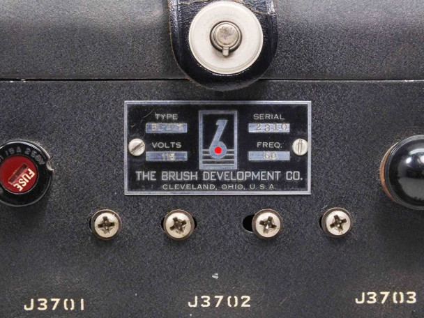 Brush Development BL-202 oscillograph – close-up of nameplate showing Type BL-202, Volts 115, Freq 60, Serial number, and Brush Development Co. Cleveland Ohio USA