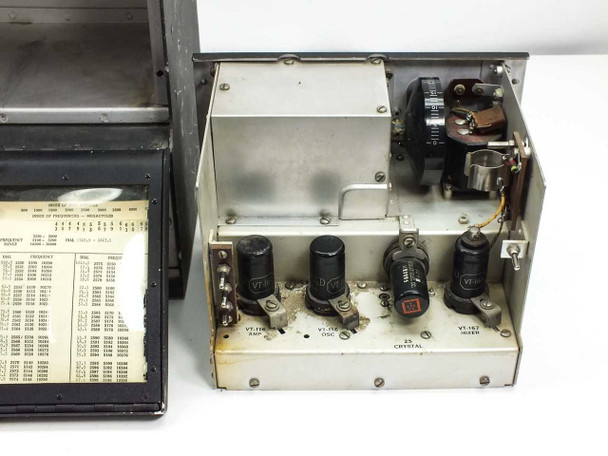 Philco BC-221-N internal chassis removed from case showing vacuum tubes VT-116, VT-116, VT-163, VT-163 Crystal, transformer, and wiring