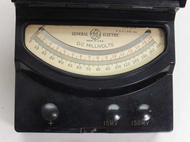 General Electric GE DP-9 DC Millivolt Voltmeter – open front panel view showing full analog scale D.C. Millivolts 0–150, dual 15MV and 150MV binding posts and positive terminal