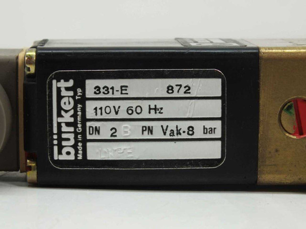 Burkert 331-E solenoid valve label close-up showing 110V 60Hz, DN 2B, PN Vak-8 bar specifications