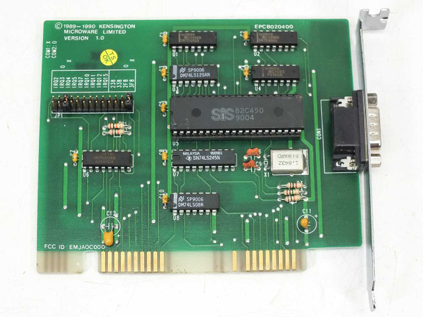 Kensington Microware EPC020400 8-bit ISA RS-232 serial expansion card – component side showing SiS 82C450 UART, logic ICs, and DB9 port on bracket