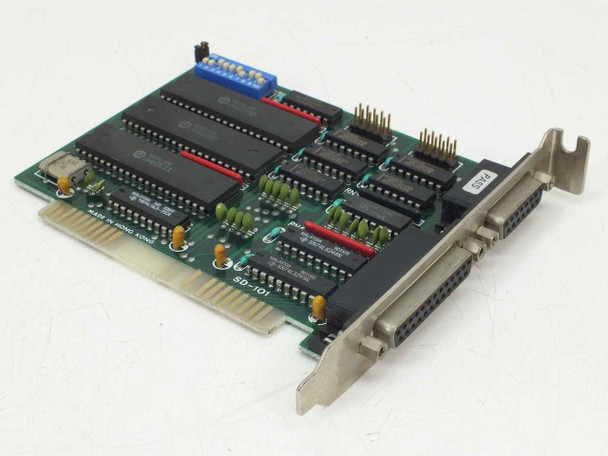 SD-101 8-bit ISA multifunction I/O card – angled top view showing component side with DB25 and DB15 bracket connectors