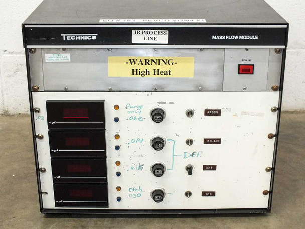 Technics West PE-IIGM IR Process Line Mass Flow Module front panel close-up showing LED readouts, rotary switches, and gas channel labels including Purge, Silane, DEF, Etch