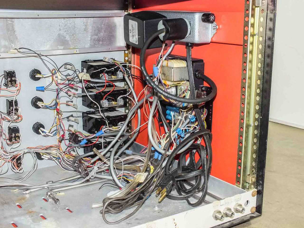 Technics West PE-IIGM Mass Flow Module interior left side showing wiring harness detail, transformer, relay boards, and cable routing