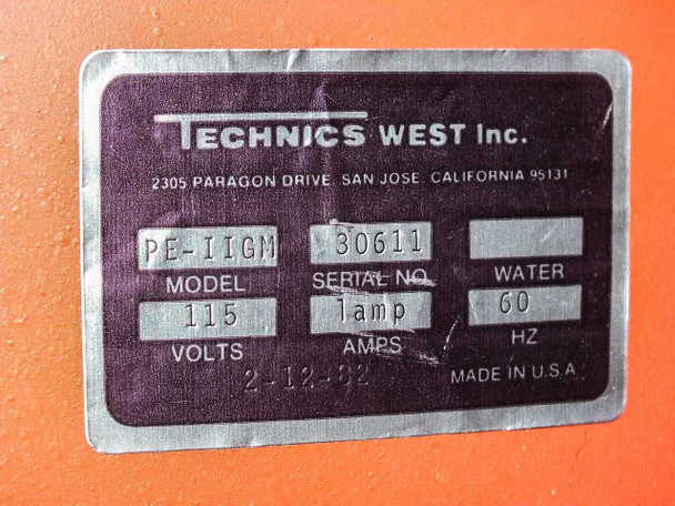 Technics West PE-IIGM rating plate label showing Model PE-IIGM, Serial No. 30611, 115 Volts, 1 Amp lamp, 60 Hz, Made in USA, date 2-12-82, Technics West Inc. San Jose CA