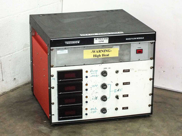 Technics West PE-IIGM Mass Flow Module front panel with four LED displays, control switches labeled Purge, Argon, Silane, DEF, HX3, GFX, and High Heat warning label