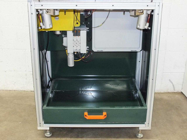 Custom corner trimmer front view with catch drawer extended – green steel scrap drawer with orange handle pulled out