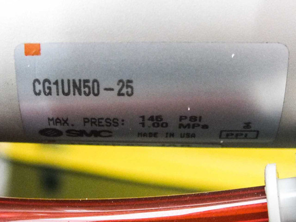 SMC CG1UN50-25 cylinder label – showing model number, Max Press 145 PSI / 1.00 MPa, Made in USA marking