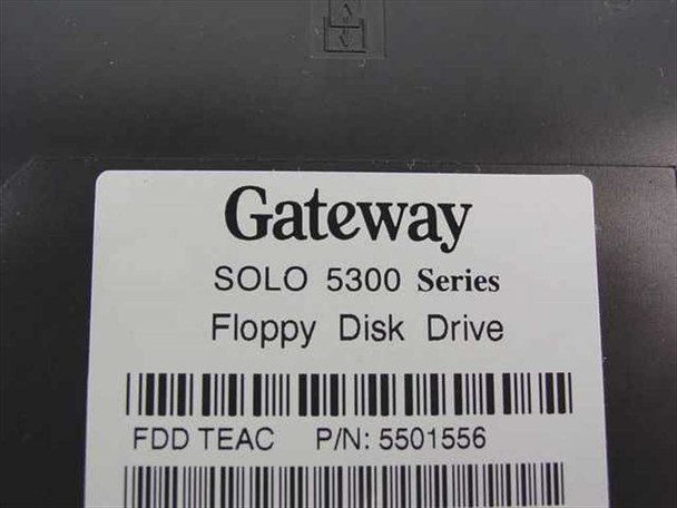 Gateway Solo 5300 Series floppy disk drive label closeup showing part number 5501556, TEAC FDD manufacturer marking