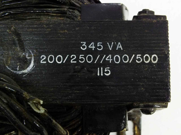 Unbranded 11064 Toroidal Transformer label closeup showing 345 VA, 200/250//400/500V primary, 115V secondary ratings