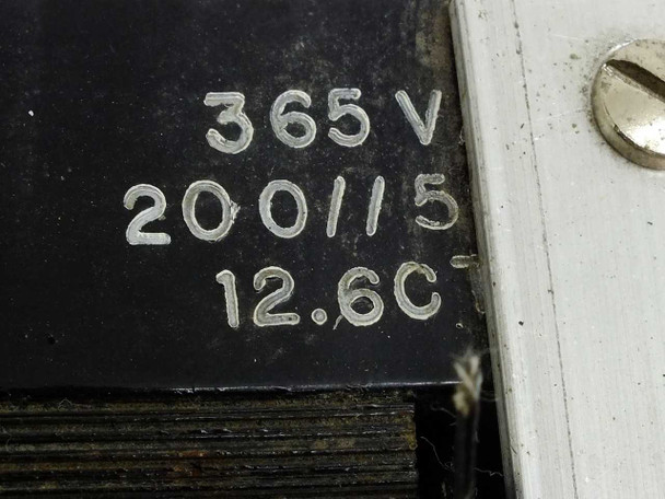 Unbranded 11063 Transformer rating plate close-up showing 365VA, 200/15 primary, and 12.6CT secondary markings stamped into chassis