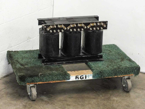 11062A 9kVA three-phase transformer rear/side angle showing bolt-down lug terminal block across top of frame