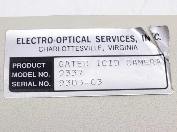 Electro-Optical Services 9337 label plate reading: Product — Gated ICID Camera, Model No. 9337, Serial No. 9303-03, made in Charlottesville Virginia