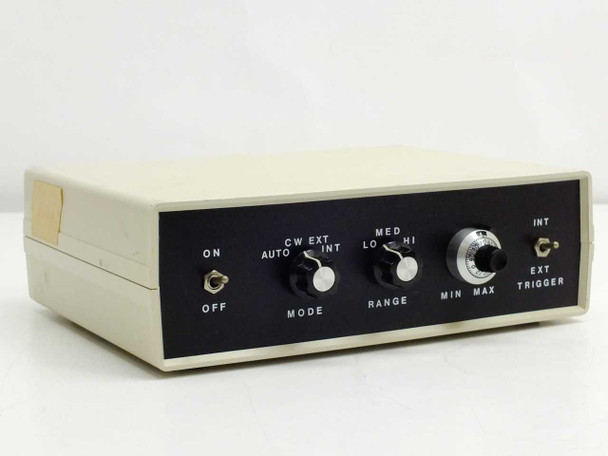 Electro-Optical Services 9337 Gated ICID Camera Controller — front panel showing ON/OFF toggle, MODE selector (CW/Auto/Ext/Int), RANGE selector (Lo/Med/Hi), gain dial (Min/Max), and Ext Trigger toggle