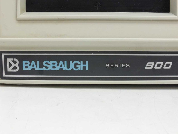 Close-up of Balsbaugh Series 900 front panel nameplate with logo and model designation