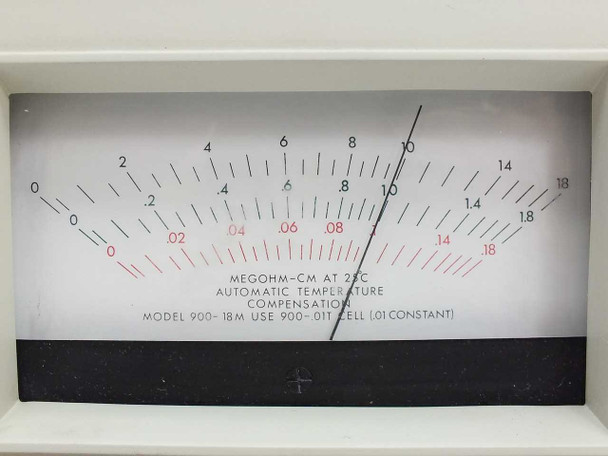 Close-up of Balsbaugh 900-18M analog meter scale showing dual range 0–1.8 and 0–18 Megohm-CM at 25°C