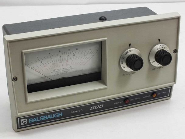 Balsbaugh 900-18M Series 900 meter controller front panel showing analog meter, Function knob, Set-Point knob, and indicator lights