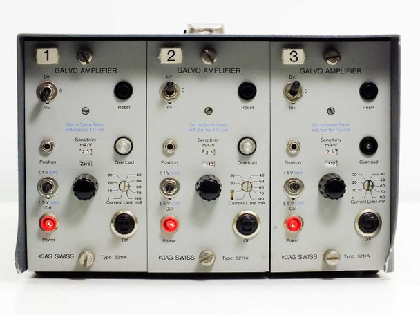 Kistler 5805 Galvo Amplifier front panel close-up showing all three Kiag Swiss 5211A channels with Position, Zero, Overload, Sensitivity, and Current Limit controls
