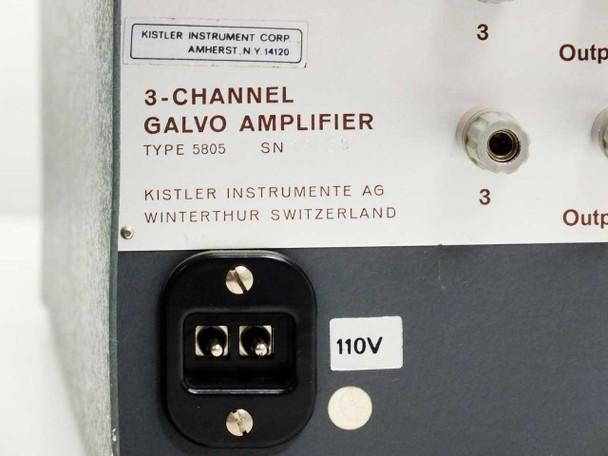 Kistler 5805 rear panel label close-up reading '3-Channel Galvo Amplifier Type 5805' — Kistler Instrumente AG, Winterthur Switzerland — 110V power connector