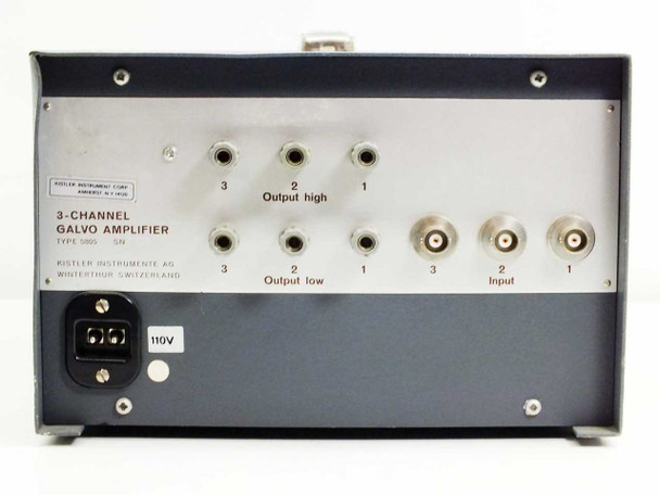 Kistler 5805 rear panel full view showing nine BNC connectors arranged in Output High, Output Low, and Input rows for channels 1–3, and 110V IEC inlet