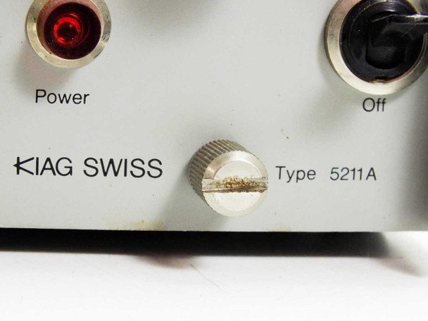 Kiag Swiss Type 5211A galvo amplifier module close-up showing front panel Power indicator, Off switch, sensitivity knob, and 'KIAG SWISS Type 5211A' label