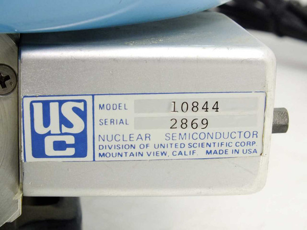 United Scientific 10844 Microtrace label showing Model 10844, Serial 2869, Nuclear Semiconductor Division of United Scientific Corp, Mountain View CA, Made in USA