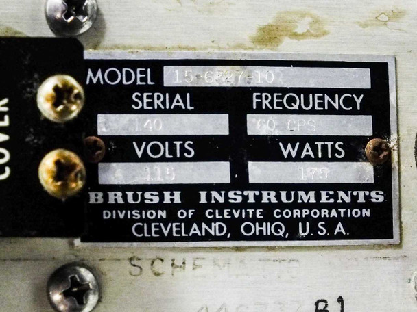 Brush Instruments 15-6327-10 data plate showing model number, serial number 140, frequency 60 CPS, volts 115, watts 175, Clevite Corporation Cleveland Ohio
