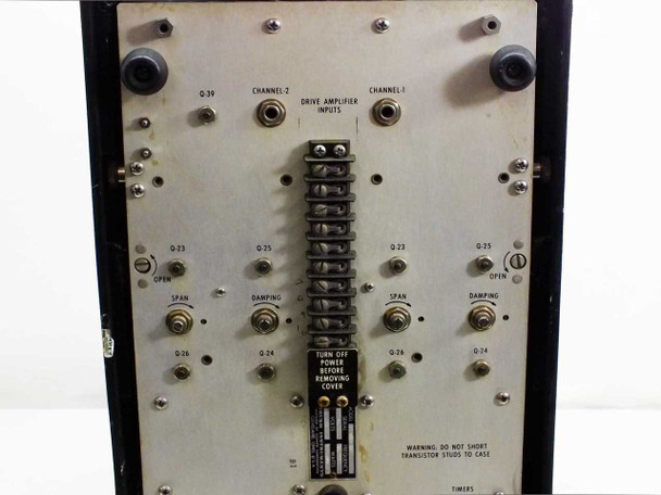 Brush Instruments Mark 280 rear panel close-up showing Channel-1 and Channel-2 drive amplifier inputs, span, damping, and timer connections