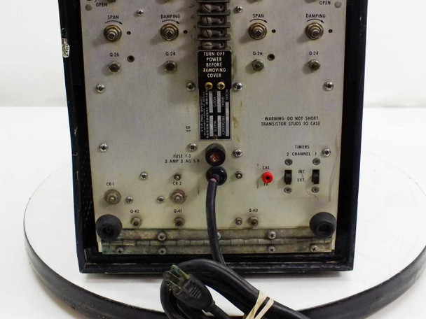Brush Instruments Mark 280 bottom rear panel showing fuse holder, power cable, timer and calibration terminals, and transistor stud warning label